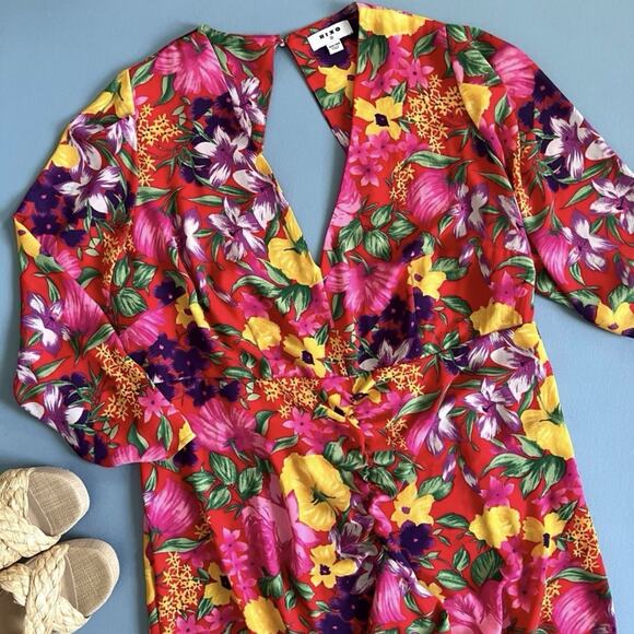 RIXO x Target Red Floral Open Back Cascade Ruffle Long Sleeve Midi Dress - Picture 3 of 7